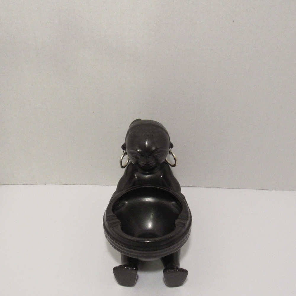 Vintage Ceramic Asian Man w/Silver Earrings, Folk Art, Holding ASHTRAY BOWL, H5"